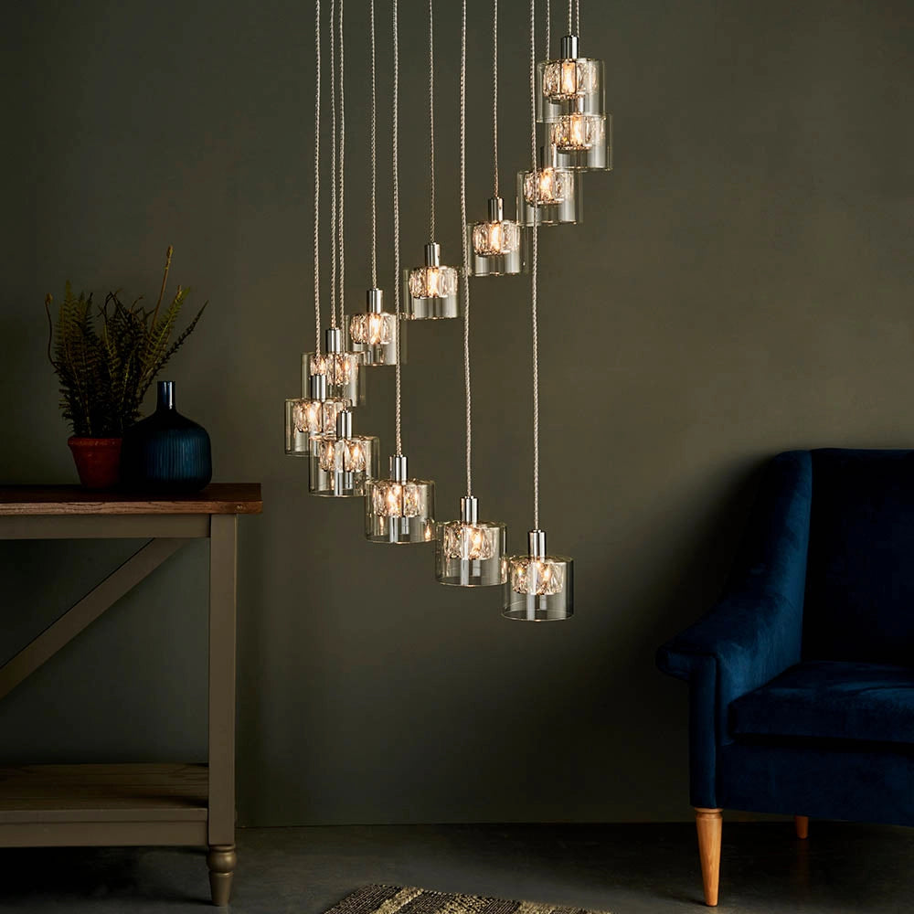 Lampadario rotondo cromo cristallo 12xG9 Endon Verina