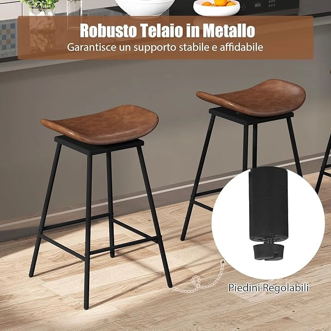 Set di 2 Sgabelli da Bar Girevoli, Sedie Alte Senza Schienale in Pelle Sintetica con Sedile a Sella Imbottito e Poggiapiedi, Portata 150 kg, per Isola della Cucina e Sala da Pranzo (Marrone)