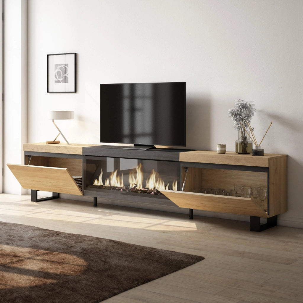 Mobile TV Soggiorno, 267x35x57cm, TV di grande formato, Camino elettrico XXL, Design industriale, colore Rovere e nero RF3603