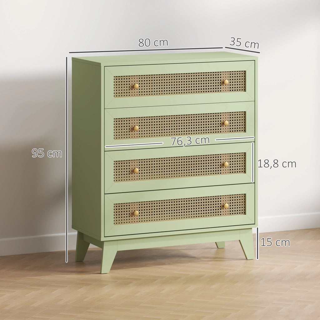 Cassettiera 4 Cassetti Cannage ¨C Minimal ¨C 80x35x95 Legno Chiaro Verde
