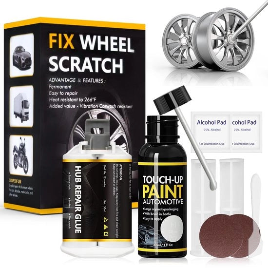 Set di riparazione per cerchi in alluminio - Laccato per riparazioni di pneumatici 30 ml - Colla per riparazione di cerchi 50 ml - Carta abrasiva - Danno di bordo/ossidazione - Incluso pennello e tamponi di cotone alcolico - Set di riparazione per cerchi