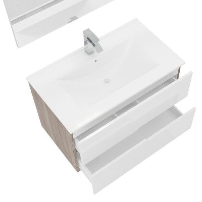 Mobile bagno sospeso 80 rovere grigio e bianco con lavabo e specchio  Eva