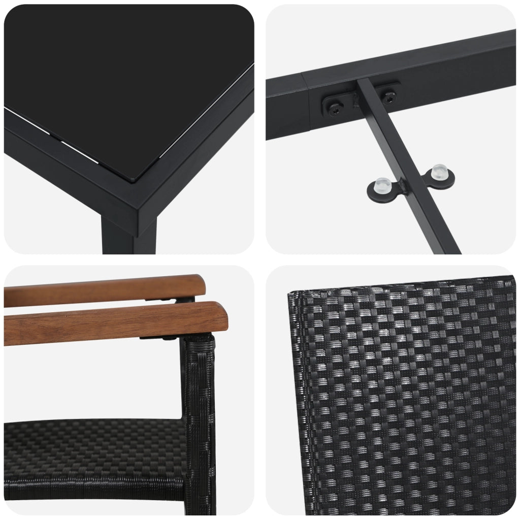 Set da pranzo da giardino da 7 pezzi in polyrattan nero