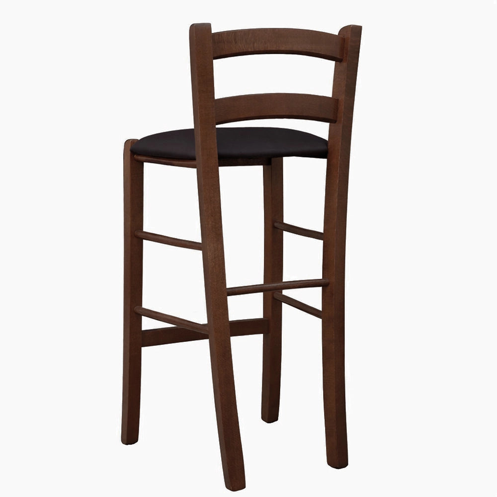 Sgabello in legno noce scuro h 67 seduta imbottita in similpelle marrone