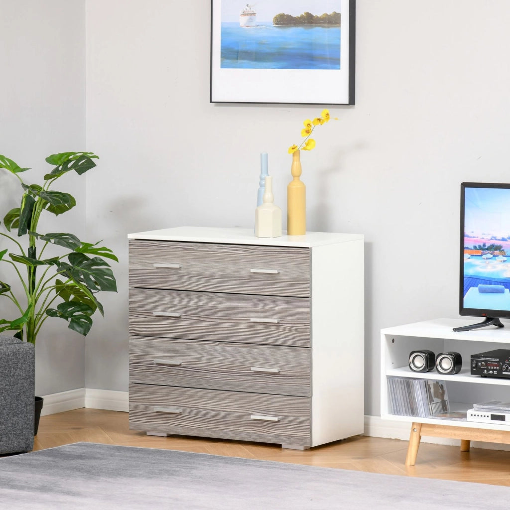EasyComfort Cassettiera Camera da Letto, Comò Camera da Letto con 4 Cassetti con Maniglie in Alluminio e Struttura in Legno, per Soggiorno e Sala da Pranzo, 76x35x72cm, Bianco e Grigio