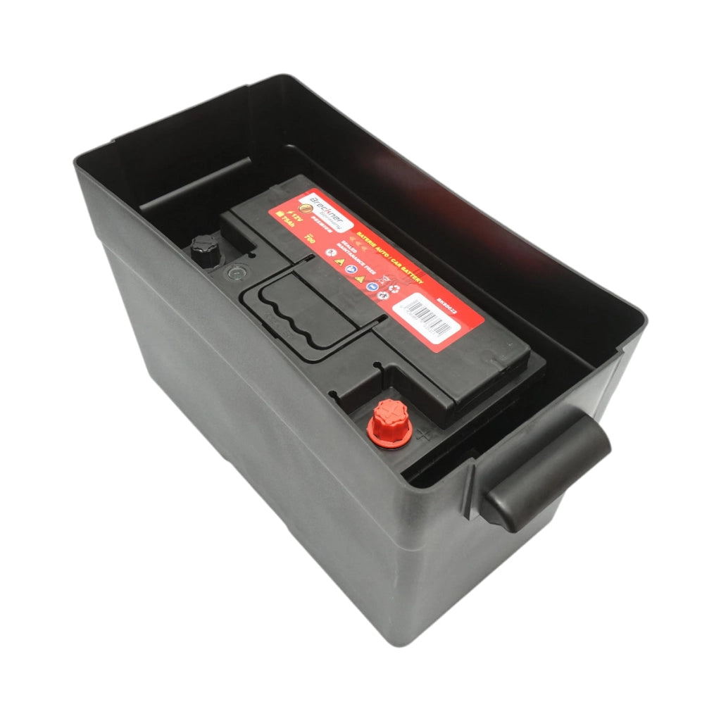 Cassetta universale per batteria auto 12V, 360 × 180 × 235 mm.