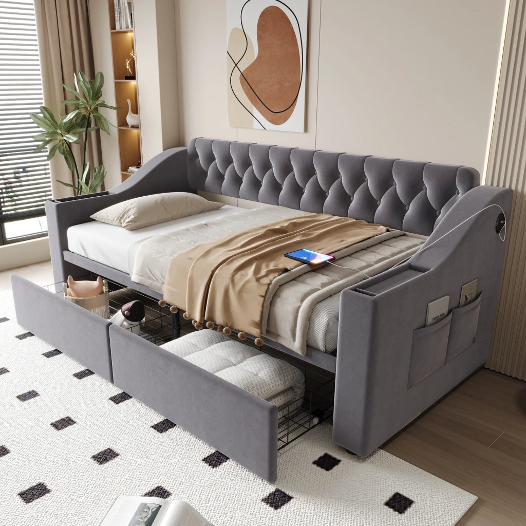 Letto imbottito 90x190 cm con divano letto, tessuto velluto, 2 cassetti contenitore, porte USB e struttura in metallo, grigio scuro