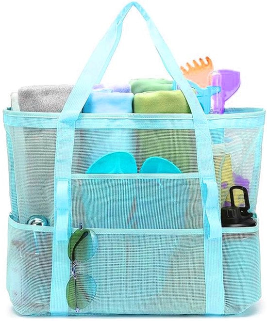 Sacca da viaggio a rete per la spiaggia - Grande cintura per spalle - Borsa multifunzionale - Adatta per scarpe, abbigliamento da bagno e giocattoli - Essenziali per le vacanze - Blu