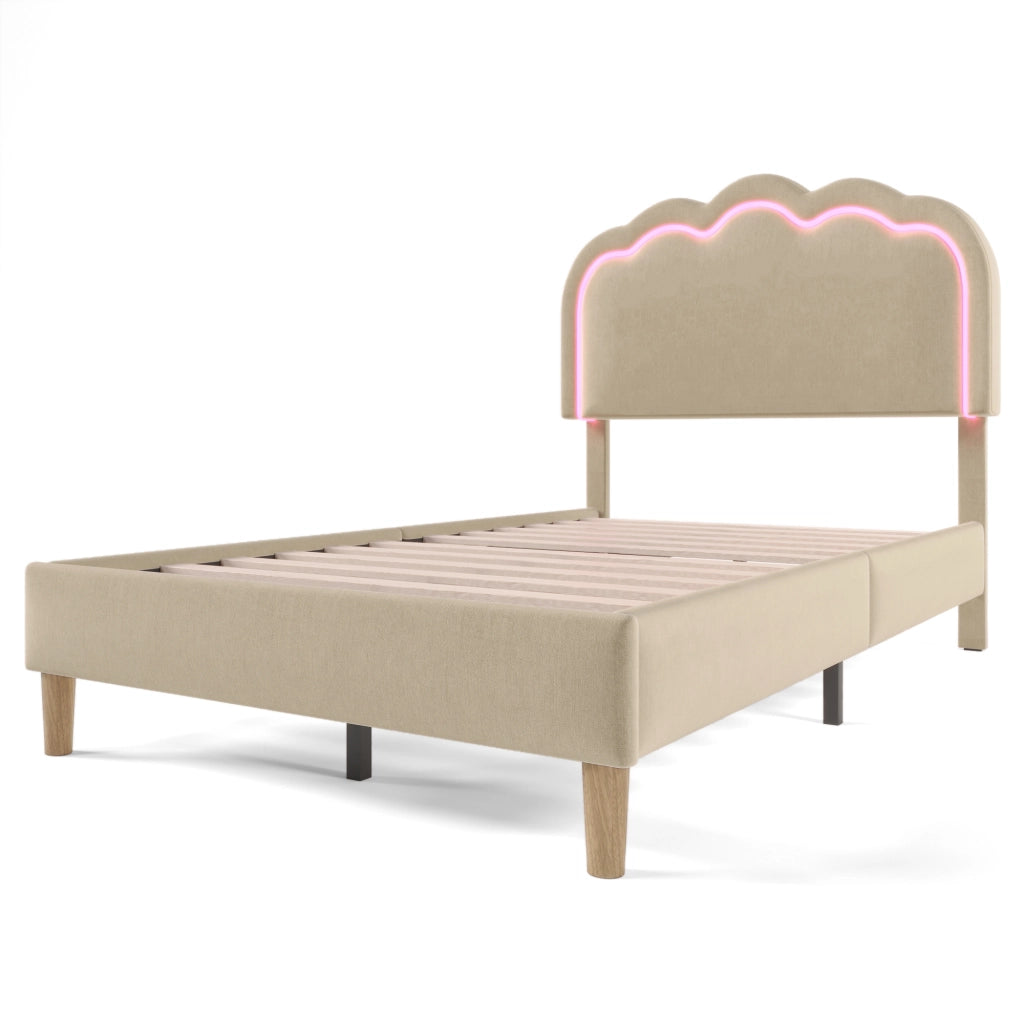 Letto Singolo 90 × 200 cm con Testiera Regolabile e LED; senza Materasso; in Lino; Beige