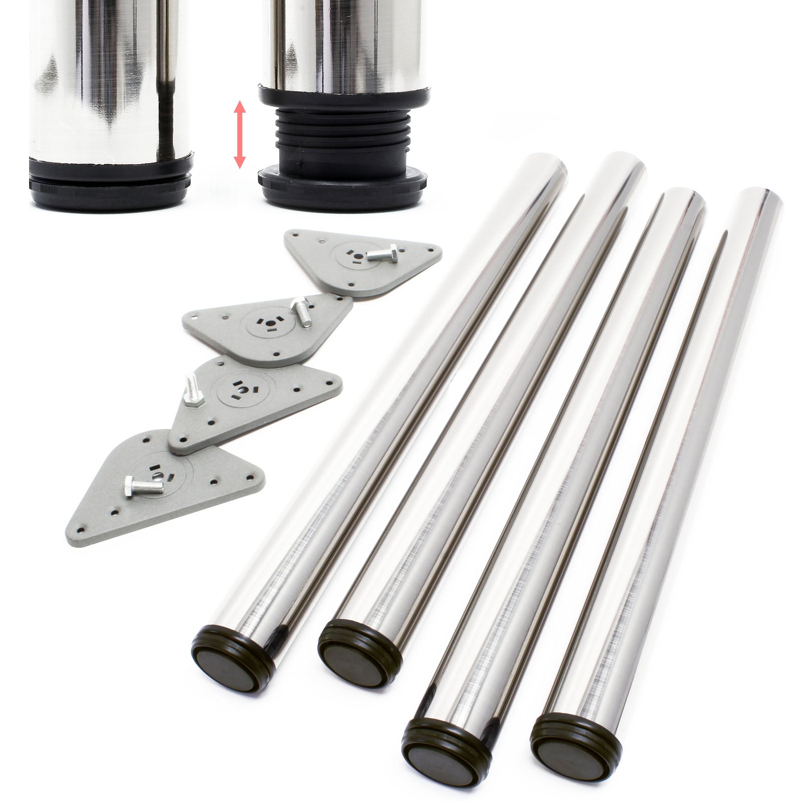 Set 4 gambe tavolo regolabili in acciaio inox nichel Ø 60mm 710mm