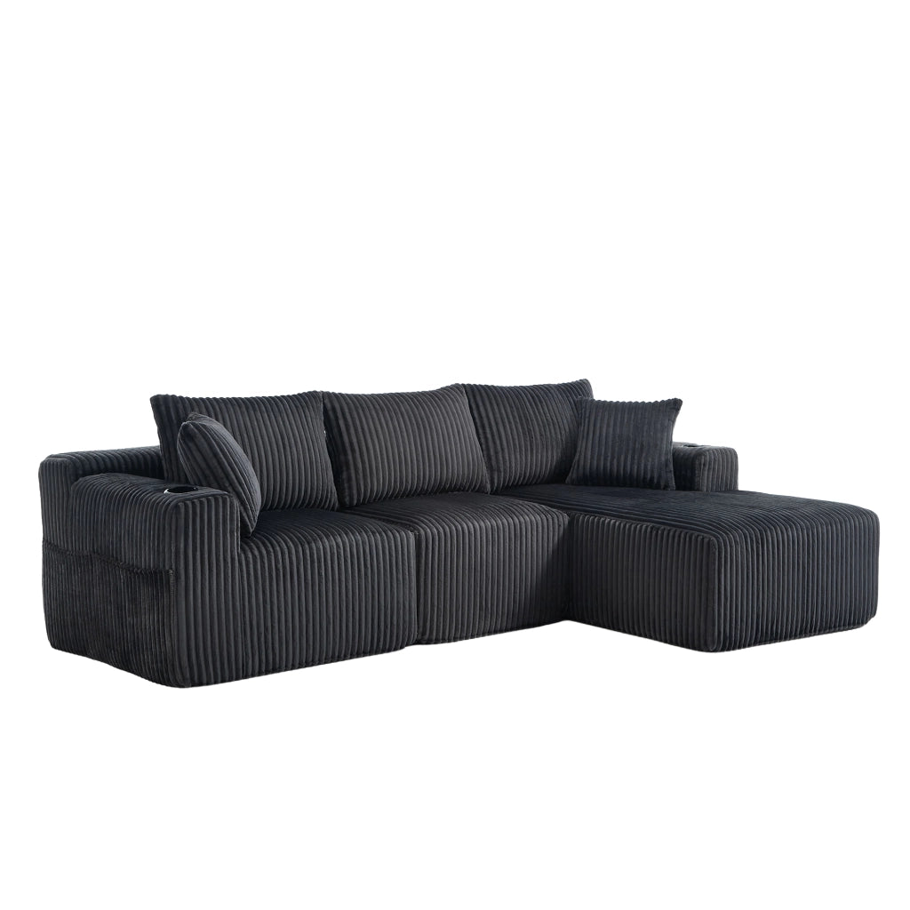 Divano modulare con chaise longue e 2 posti, rivestimento in corduroy grigio, 5 cuscini, tasche laterali e portabicchieri