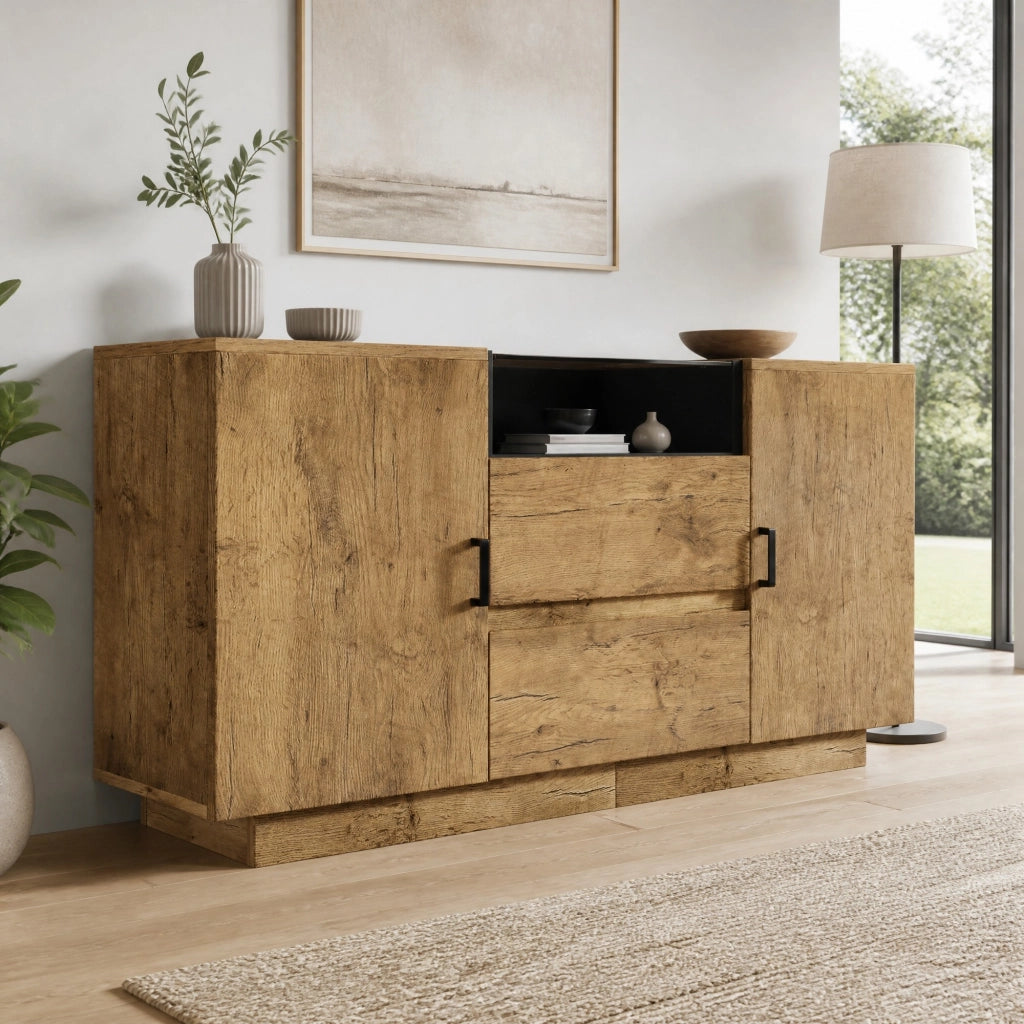 CREDENZA in effetto rovere 140x40x70 cm con 2 cassetti, 2 armadi e vano aperto