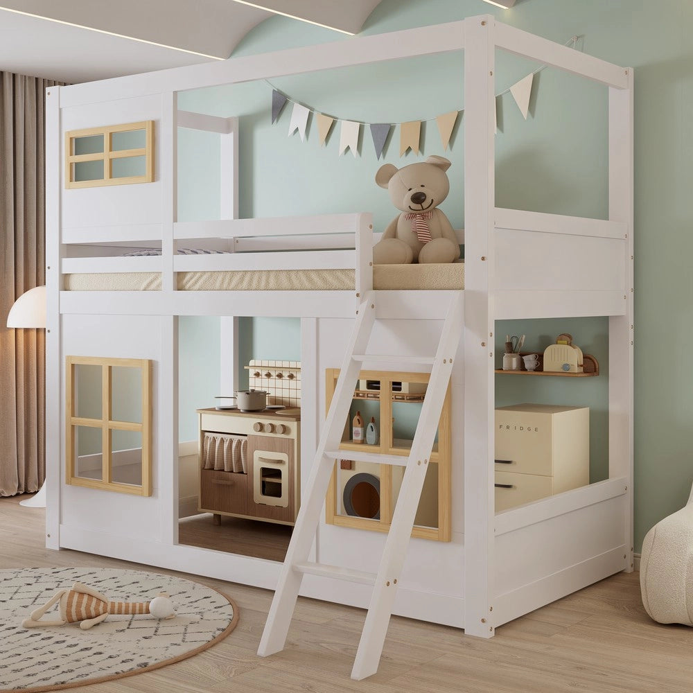 Letto a Castello per Bambini con Finestra e Scaletta ¨C MINIMAL ¨C Pino/MDF/Multistrato, Bianco, 90x200