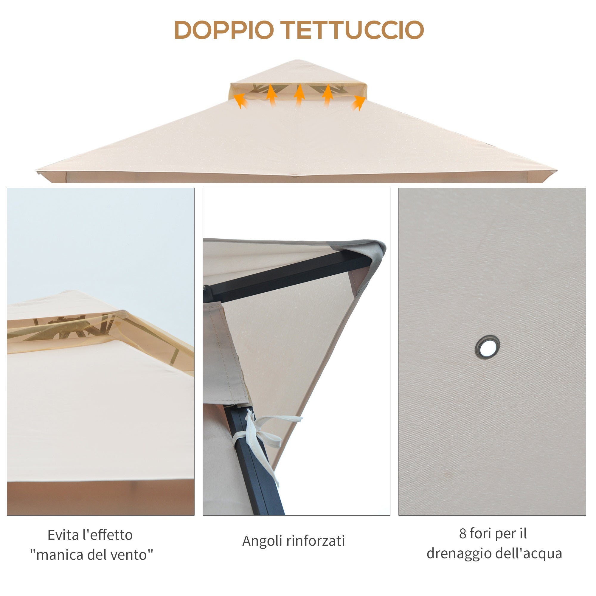 Gazebo da Giardino 3x3 m con Doppio Tettuccio in Metallo e Poliestere Beige