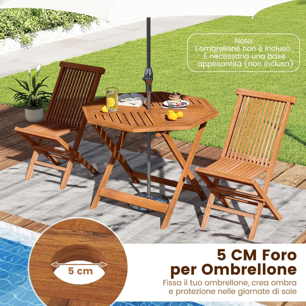 Tavolino da Giardino con Foro per Ombrellone da 5 cm, Tavolino da Caffè in Legno Massello con Struttura a Forma di X Robusta per Patio, Cortile e Bordo Piscina, 90 x 90 x 72 cm