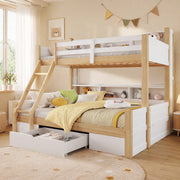 Letto a castello per bambini 90x200 cm + 140x200 cm in pino; bianco e naturale; con LED; cassetto e vani aperti