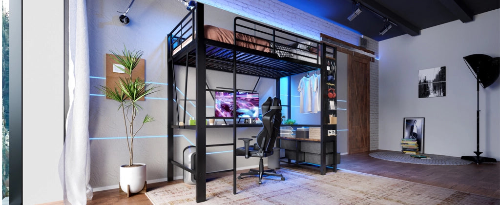 LETTO SOPPALCATO 90x200 cm Nero con scrivania, LED e USB TYPE-C