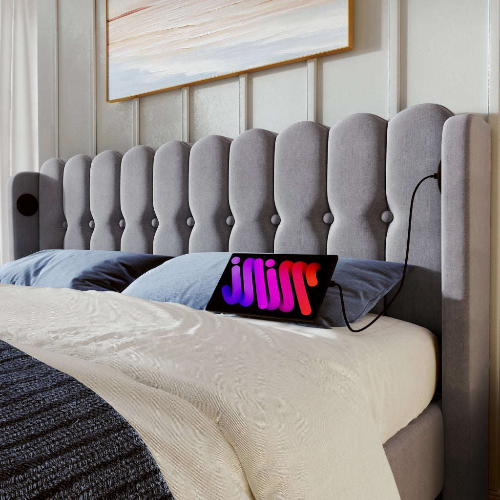 Letto matrimoniale imbottito 160x200 cm in lino grigio con USB e presa Type-C; con materasso
