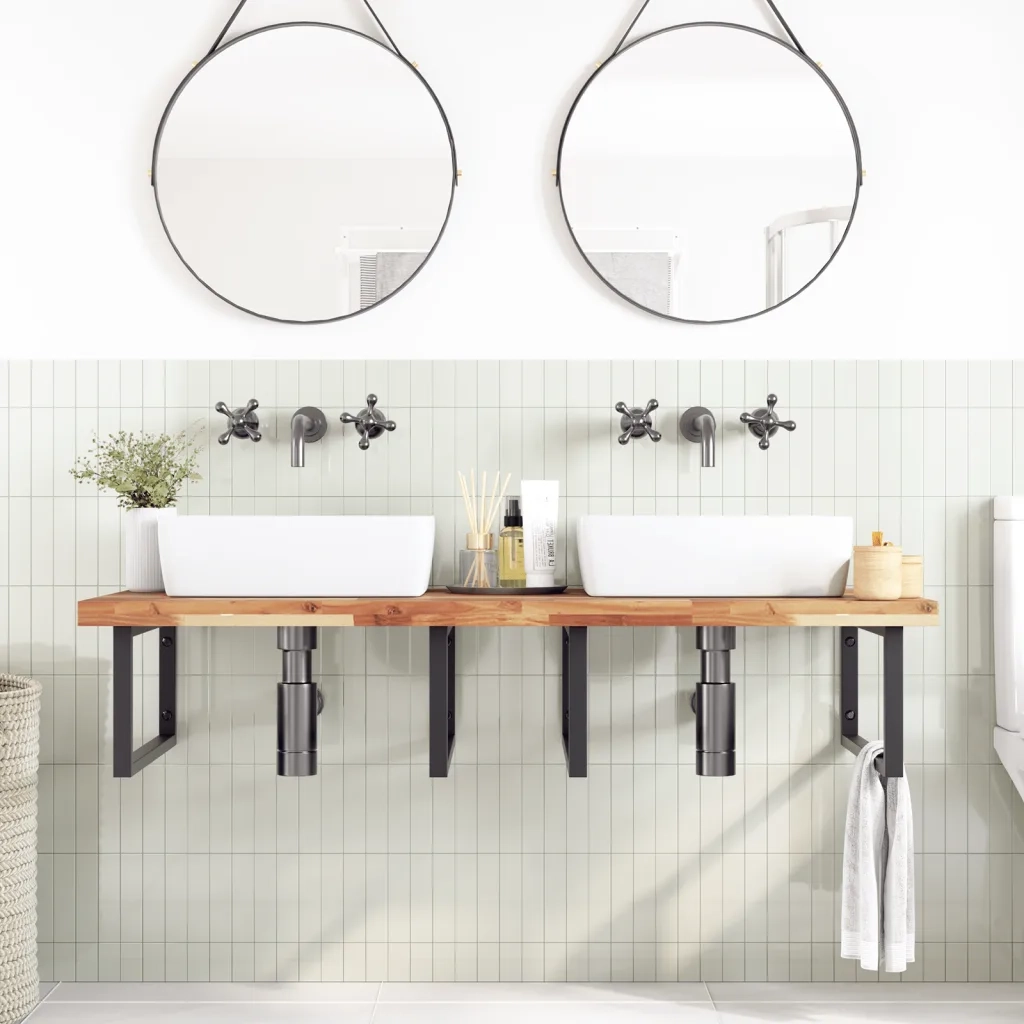 vidaXL Ripiano a Parete per Lavabo in Acciaio e Massello di Acacia