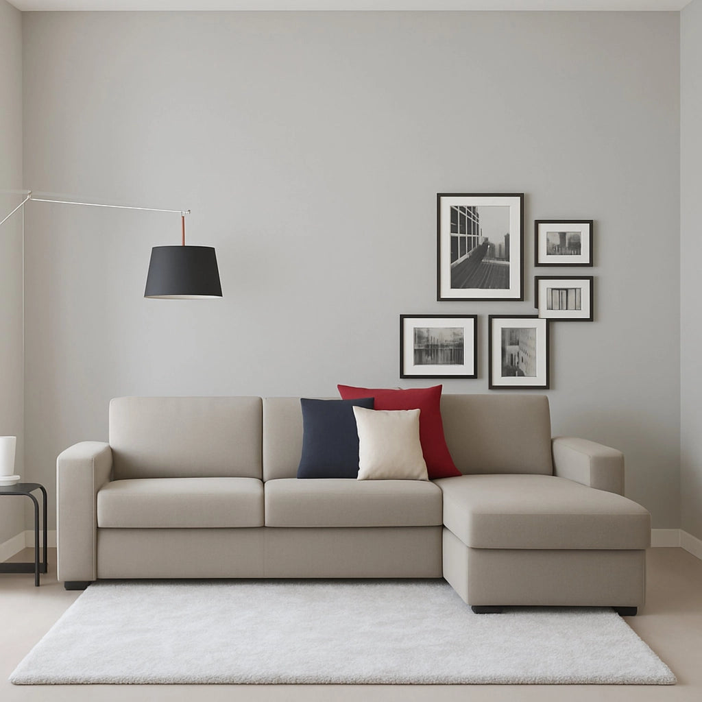 Divano fisso Atos, Divano ad angolo, Made in Italy, SofÒ  Soggiorno, con Penisola contenitore reversibile, in tessuto imbottito, con Braccioli standard, cm 280x95h90, Tortora