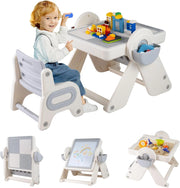 Set Tavolo e Sedia 6 in 1 per Bambini 18+ Mesi, Tavolino Pieghevole con Piano Reversibile, Porta Penne, Cesti Contenitori e Scaffale, Tavolo Salvaspazio per Giochi per Cameretta (Grigio)