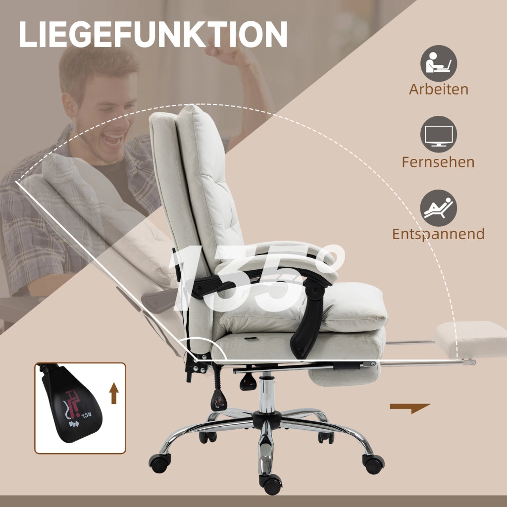 Sedia da ufficio massaggiante schienale reclinabile 135° e poggiapiedi in poliestere bianco crema 65 × 72 × 109-117 cm
