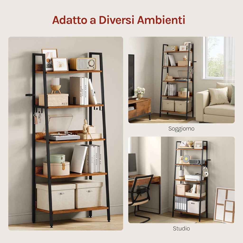 Libreria Metallica 5 Livelli, Scaffale Verticale Salvaspazio per Studio, Soggiorno e Cucina, 36x64x171 cm, Legno Vintage + Nero