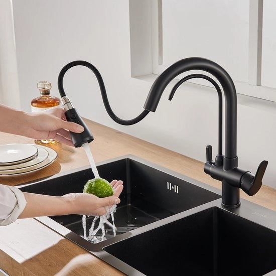 Keukenkraan 3 vie, cassa in ottone, 360° girevole con sifone estensibile, rubinetto per acqua potabile con 2 maniglie, 3-in-1 keukenmengkraan per filtro acqua, nero