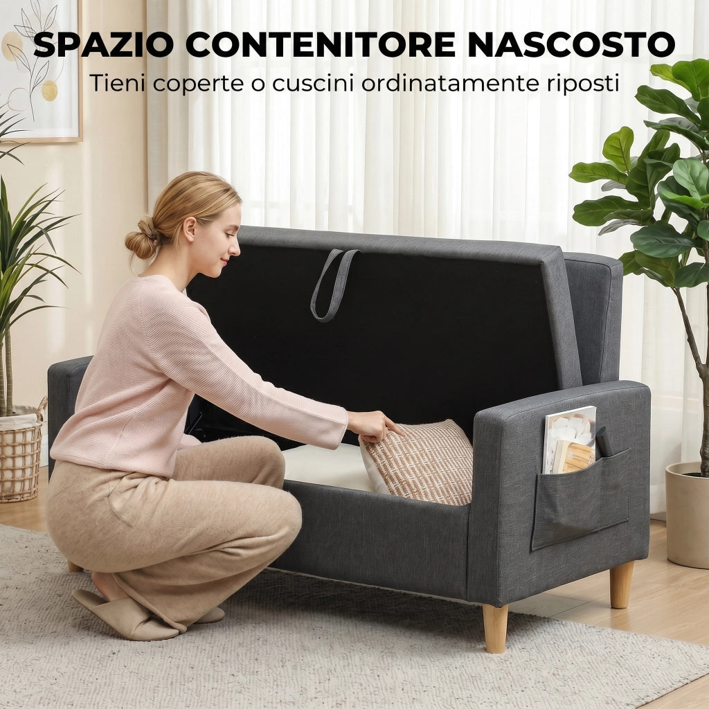 Divano 2 Posti 135x72x84 cm con Spazio Portaoggetti e Cuscini in Tessuto Effetto Lino e Legno Grigio Scuro