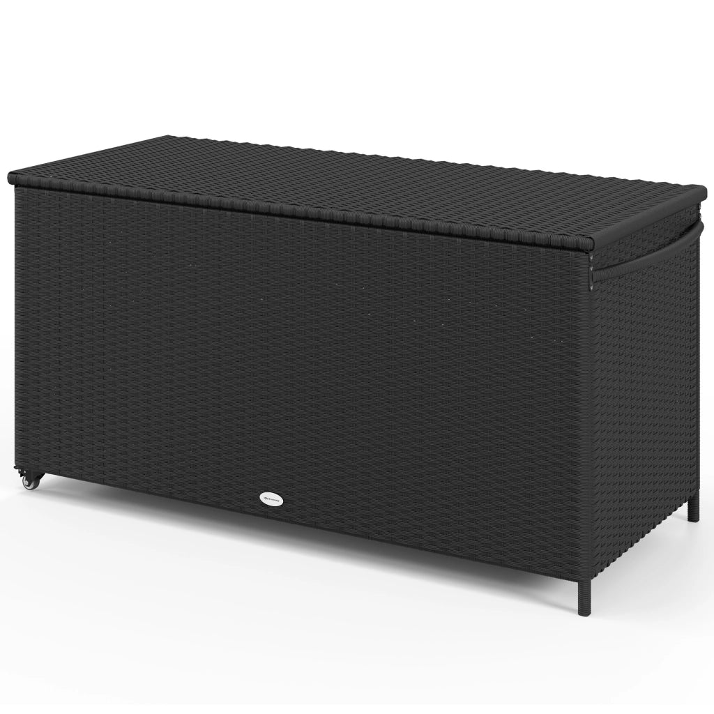 Baule da Giardino in Rattan PE con Ruote e Maniglia Laterale, 121x57x67cm, Nero