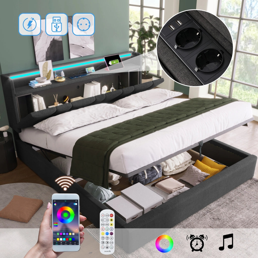 Letto matrimoniale 160x200 - Xylo - USB e LED, grigio, senza materasso