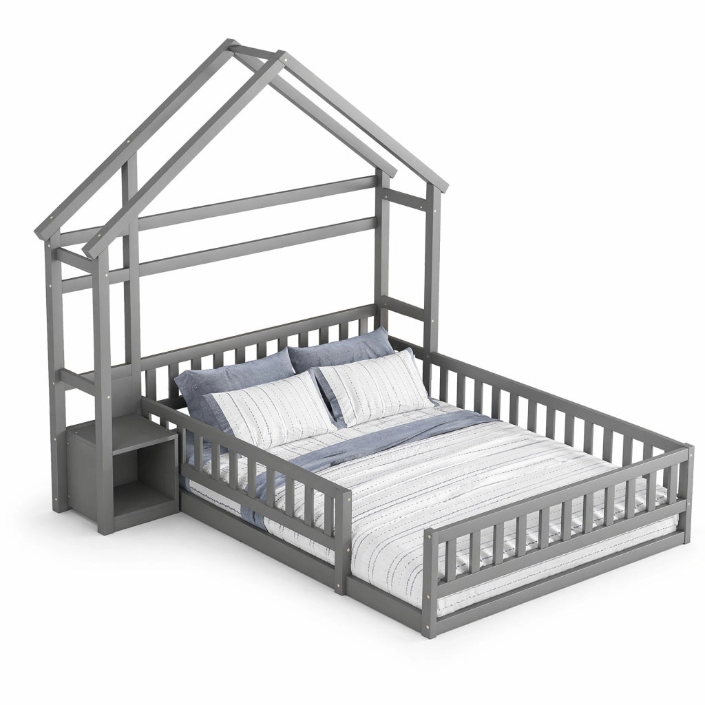 Letto per bambini a casetta con sponda e comodino 140x200 cm; grigio