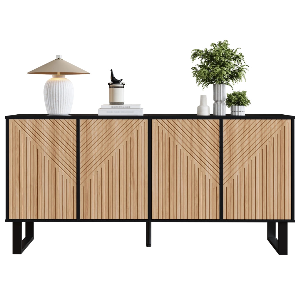 Mobile TV con 4 Ante e Vani Aperti; Frontali 3D a Righe; Stile Moderno; in MDF; 160??38??75 cm; Nero Naturale