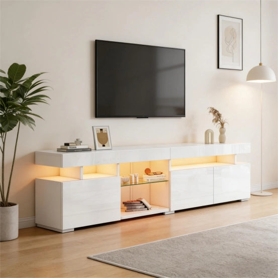 Mobile TV Lowboard Bianco ¨C MINIMAL ¨C 3 Ante, Ripiani in Vetro, 180x35x45 cm
