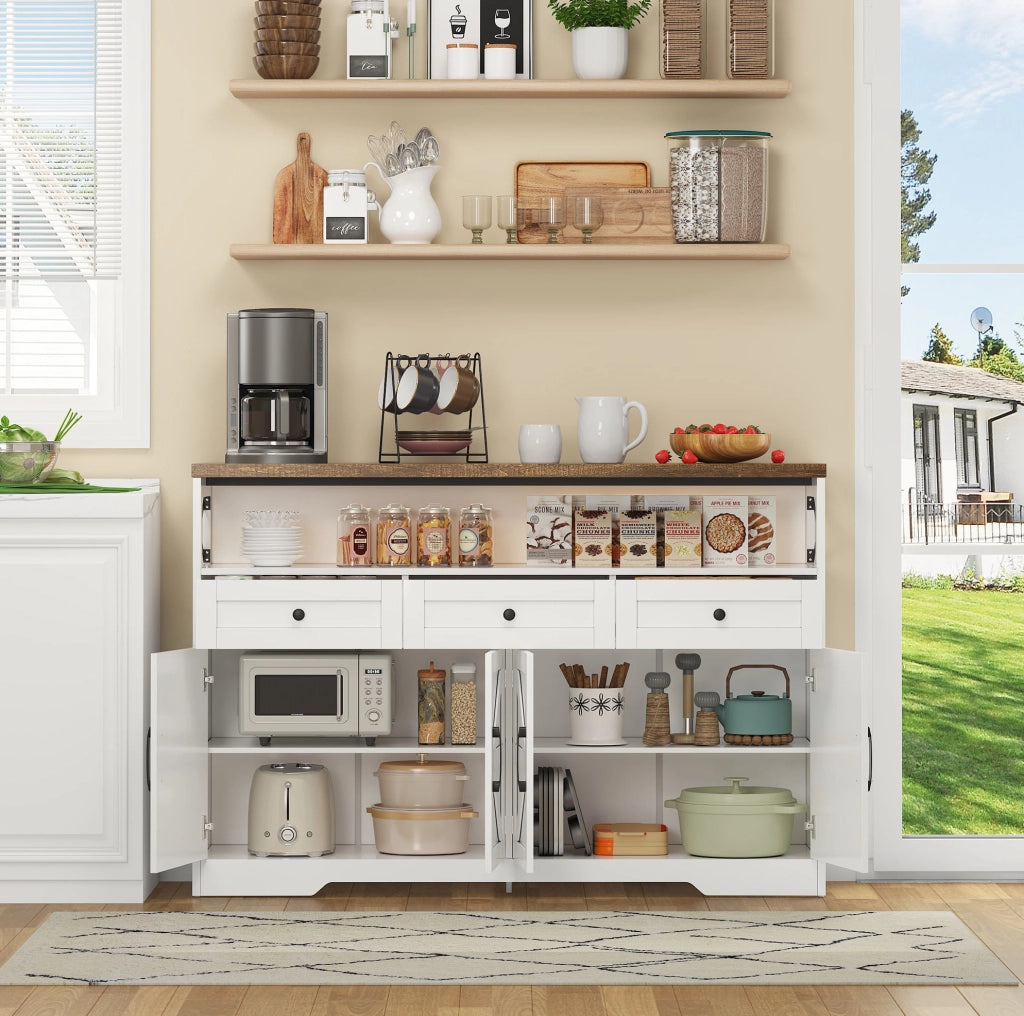 Buffet 140 cm in stile rustico con 3 cassetti, ante e ripiani in MDF bianco e marrone