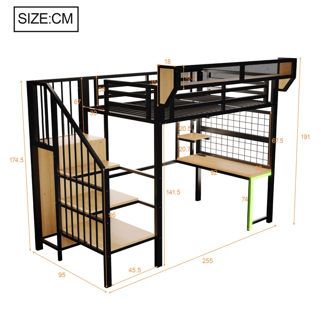 Letto a soppalco 90 × 200 cm con scrivania, ripiani, LED e prese, senza materasso, metallo nero