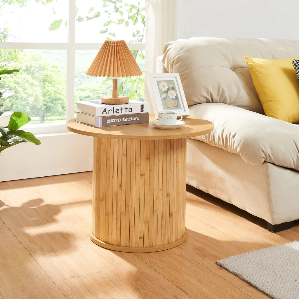 Tavolino da Caffè Rotondo Ledepid 45xØ60 cm con Piano Sporgente  - Naturale [en.casa]