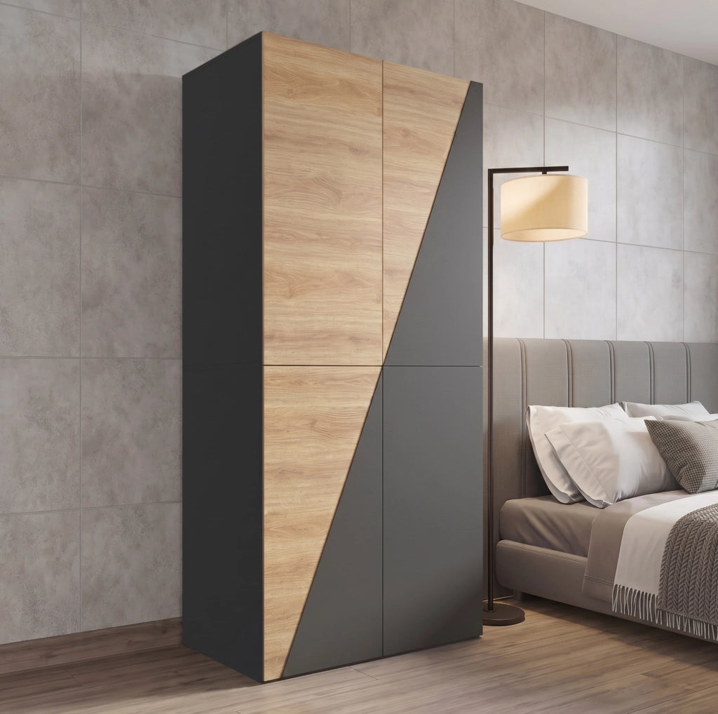 Armadio con ante battenti 90 × 50 × 200 cm; 2 cassetti; MDF e acciaio; grigio carbonio effetto legno