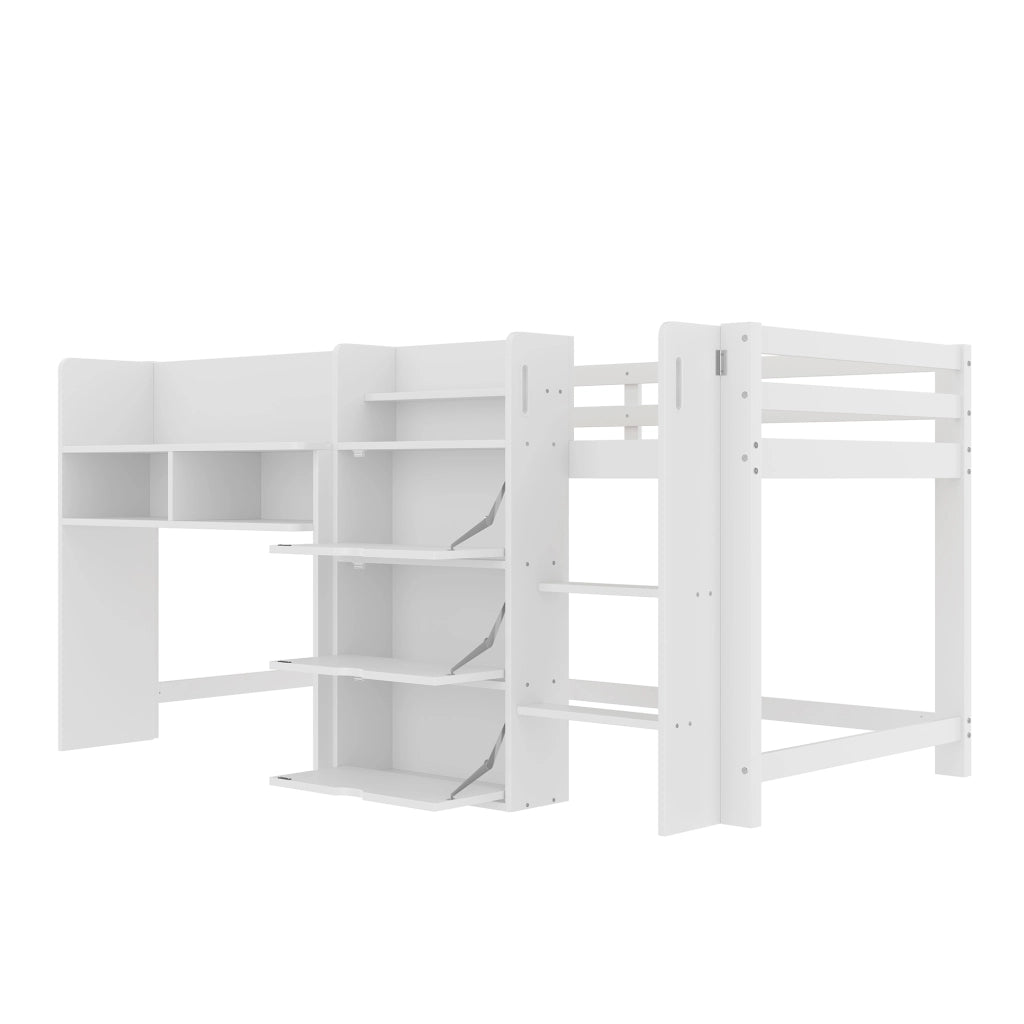 Letto a soppalco singolo 90×200 cm con cassetti; ripiani; scala e sponde; senza materasso; bianco
