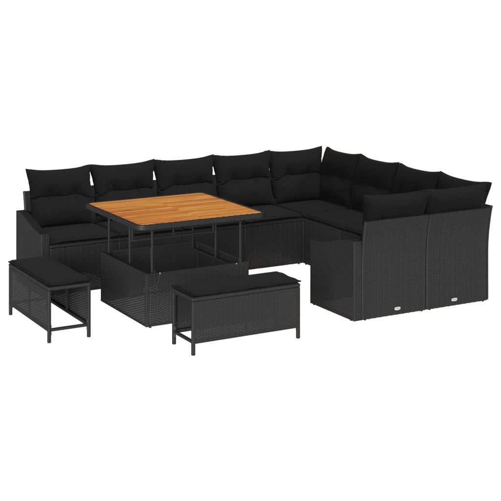 Set Divano da Giardino  12 Pezzi con Cuscini Rattan Nero Acacia