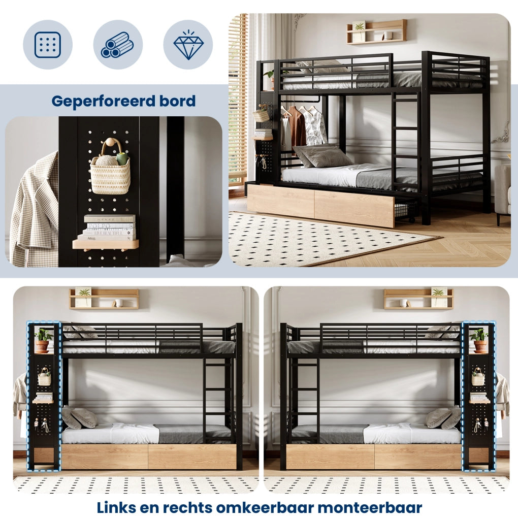 Letto a castello 90x200 cm in metallo e MDF con LED; area appendiabiti e contenitori nero