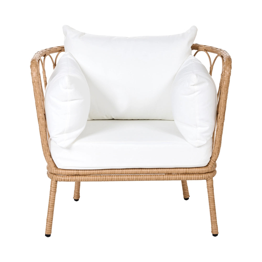 Sedia da Giardino con Poggiapiedi in Rattan PE Marrone Chiaro Struttura in Acciaio e Gambe in Metallo Cuscini Bianco Sporco Arredo da Esterno