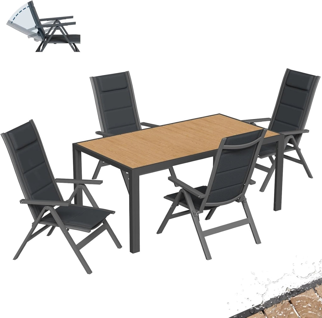 Set Tavolo e Sedie da Giardino 5 Pezzi, Composto da Tavolo 150 cm in Alluminio e 4 Sedie Pieghevoli, Tavolo da Giardino con Finitura a Vena di Legno con Sedie da Terrazza, Balcone, Naturale