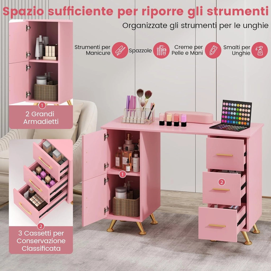 COSTWAY Tavolo per Manicure, Tavolo per Unghie con Cassetti, Cuscino Poggia Polsi e Gambe in Metallo, Stazione per Unghie Estetista Nail Art per Salone di Bellezza (Rosa)