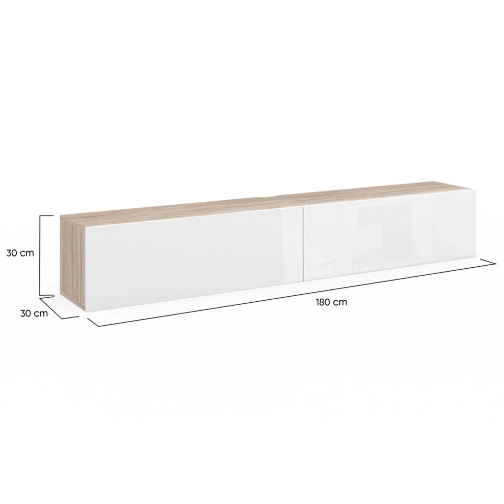 IDMarket - Mueble TV suspendido ELIO 2 puertas madera y blanco 180 cm