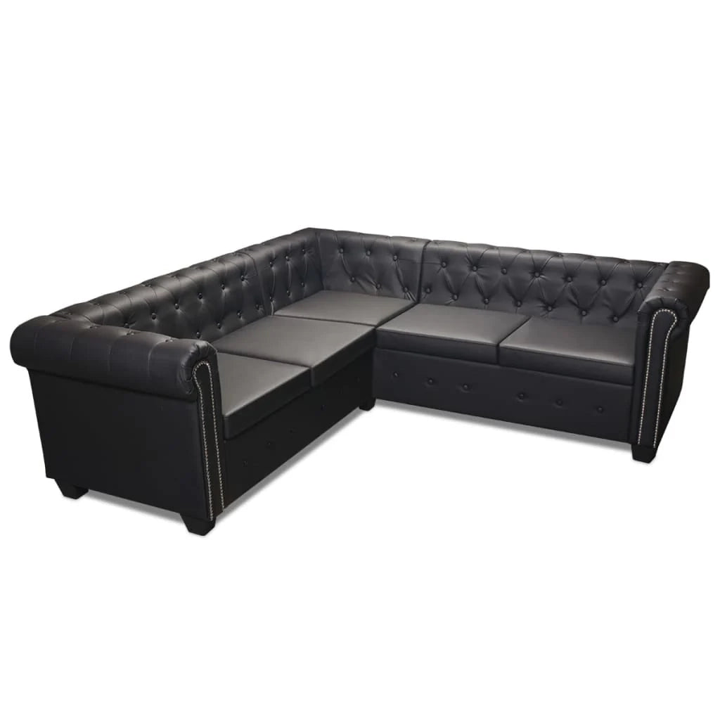 Divano angolare Chesterfield 5 posti in similpelle nera 02_0019699