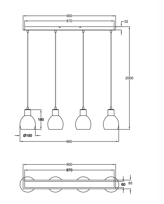 Marina Lampada a Sospensione Moderna in Metallo e Ceramica Bianca 4 Luci E27, Struttura Elegante per Illuminazione Interna 960x85mm