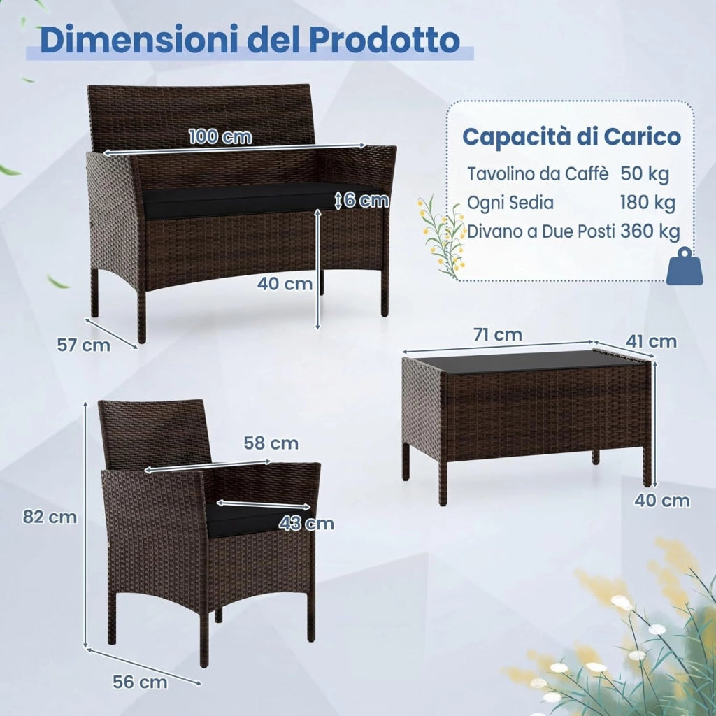 Salotto da Giardino Esterno 4 Pezzi, Set Giardino Esterno con Divanetto, 2 Poltrone e Tavolino da Caffè in Vetro Temperato, Salotto da Patio con Cuscini per Balcone, Veranda (Marrone+Nero)