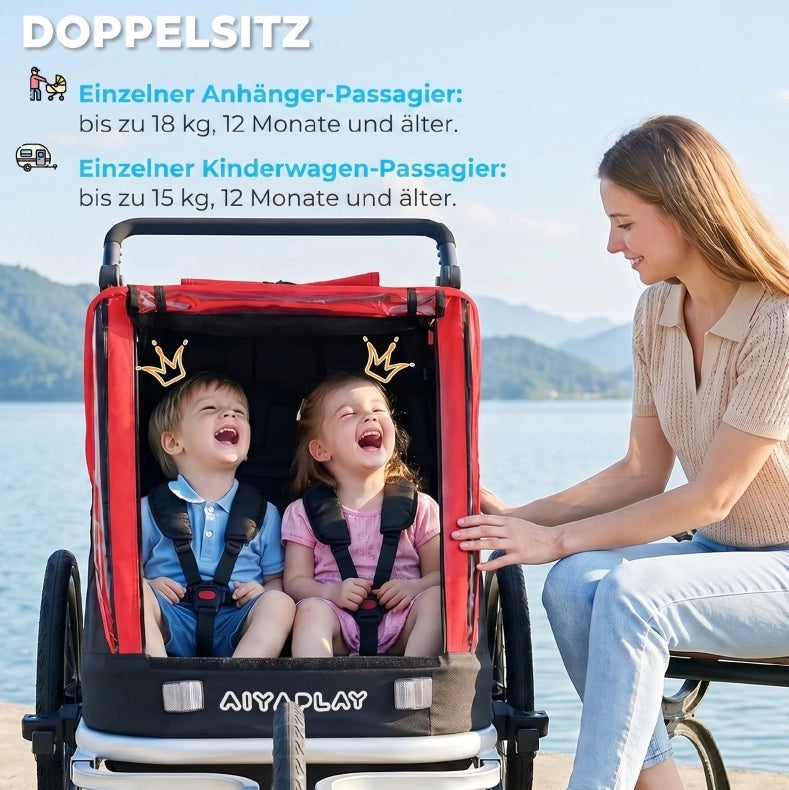 Rimorchio bici 2 in 1 per 2 bambini rosso