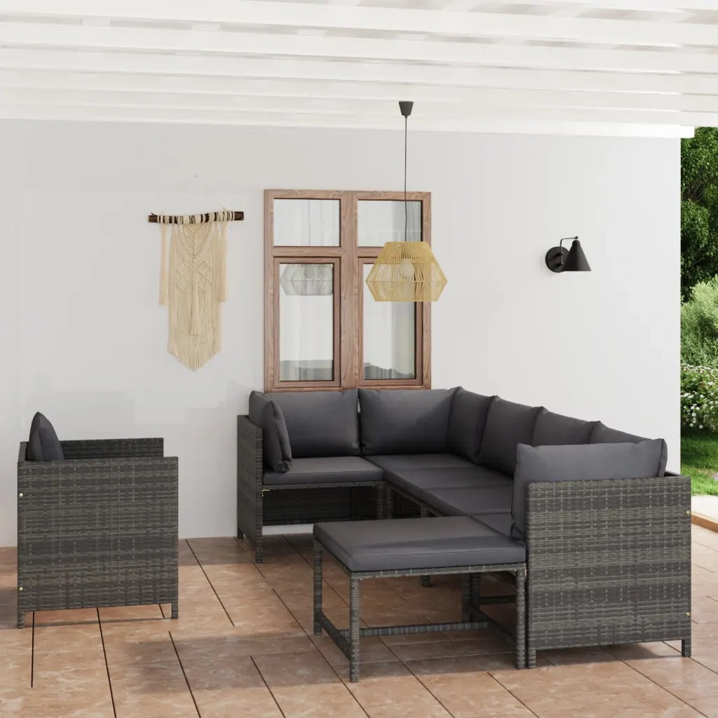 Set Divani da Giardino 7 pz con Cuscini in Polyrattan Grigio cod mxl 41845